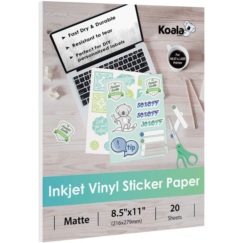 Waterproof Printable Vinyl Sticker Paper 8.5x11 Inches Full Sheet Labels for Inkjet Printers