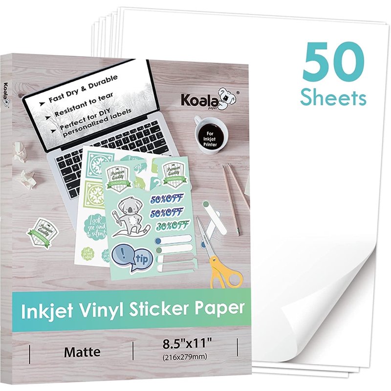 Printable Vinyl Sticker Paper for Inkjet Printers 8.5x11 Waterproof Matte Sheets