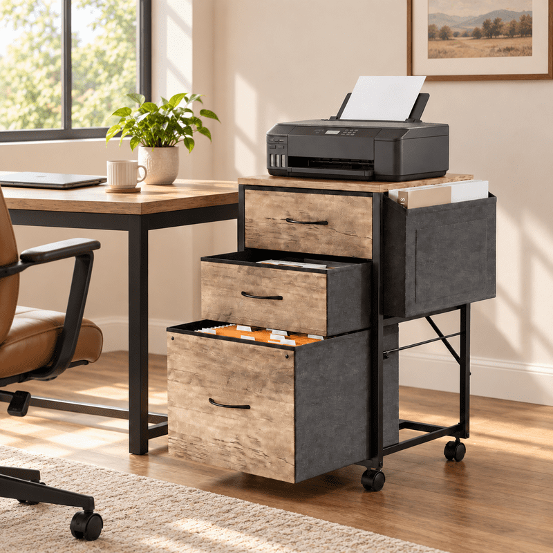 Rolling File Cabinet with 3 Fabric Drawers & Side Bag - Home Office Storage Stand