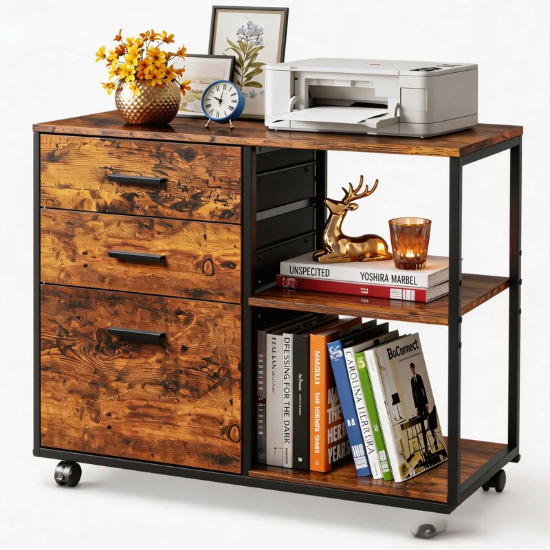Mobile Under-Desk Filing Cabinet with Shelves & Lockable Drawers