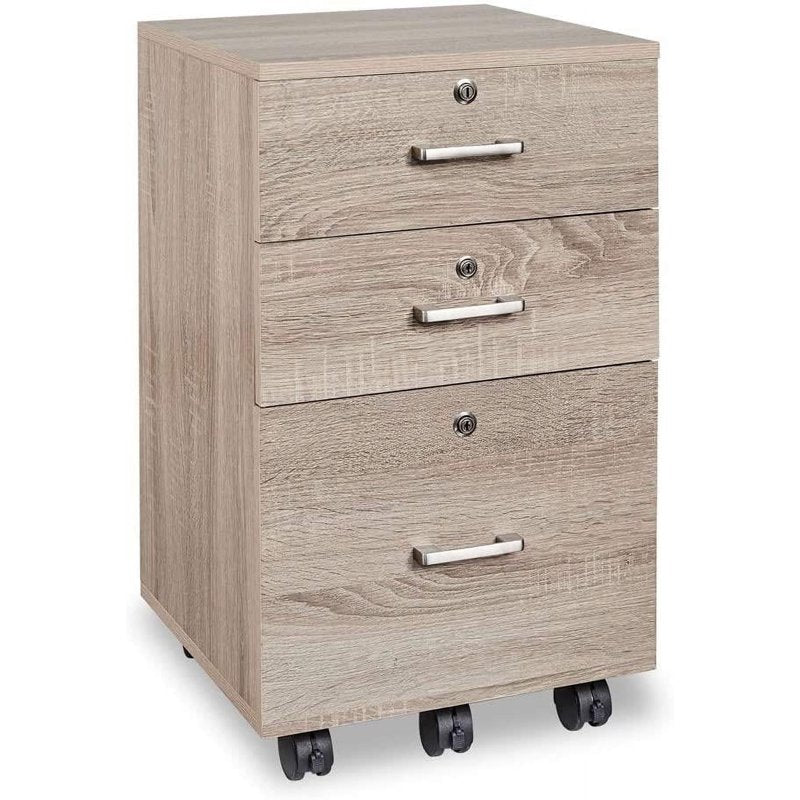 3-Drawer Mobile Wooden File Cabinet with Lock for Home Office or Business