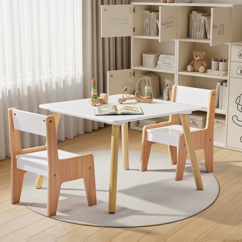 Kids Activity Table Set with Chairs - 2-in-1 Toddler Play & Craft Table, 24x24 Inch, White & Natural Wood Finish