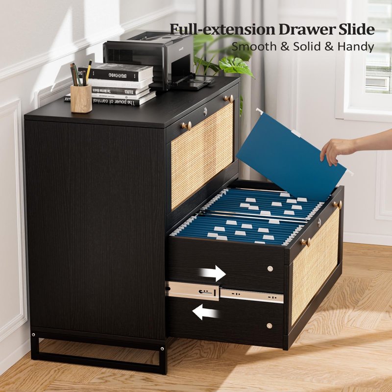 Lateral File Cabinet with Lock - 2 Drawer Wood Storage for Home Office, Black
