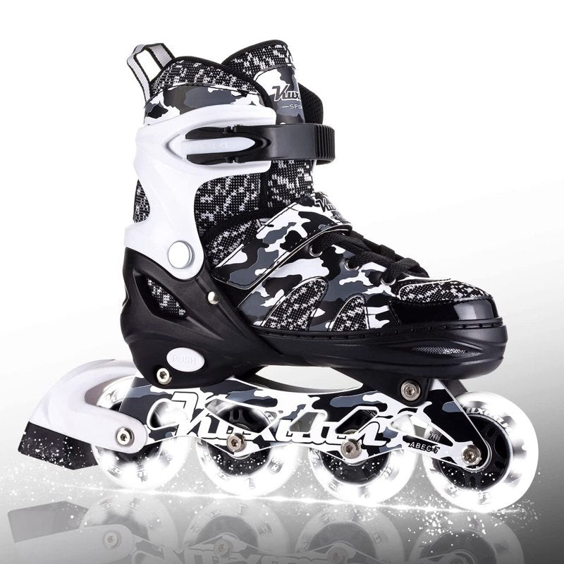 Kids & Youth Adjustable Light Up Inline Skates with Camo Design, Outdoor Roller Blades for Beginners