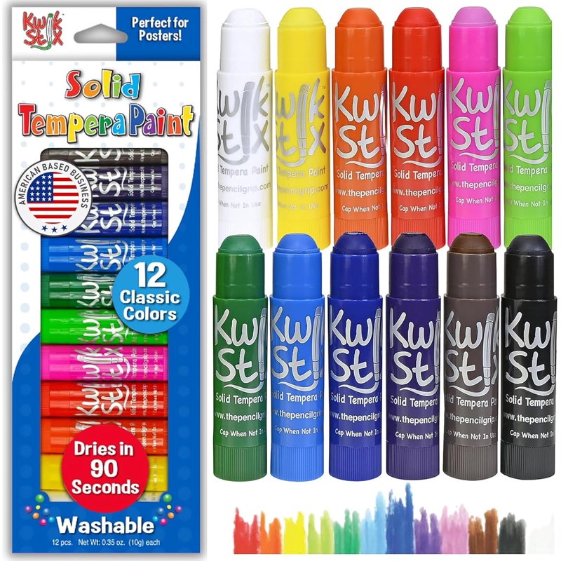 Kids Tempera Paint Sticks Set of 12 - Primary Colors, Quick-Dry & Washable