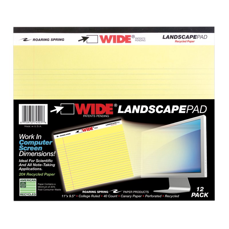 Landscape Note Pad 11x9.5 Inches College Ruled with Margin - Recycled Paper