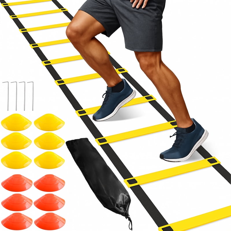 Agility Ladder Training Set with 12 Rungs, 20ft Speed Ladder, 12 Cones & 4 Stakes – Football, Soccer & Basketball Training Equipment