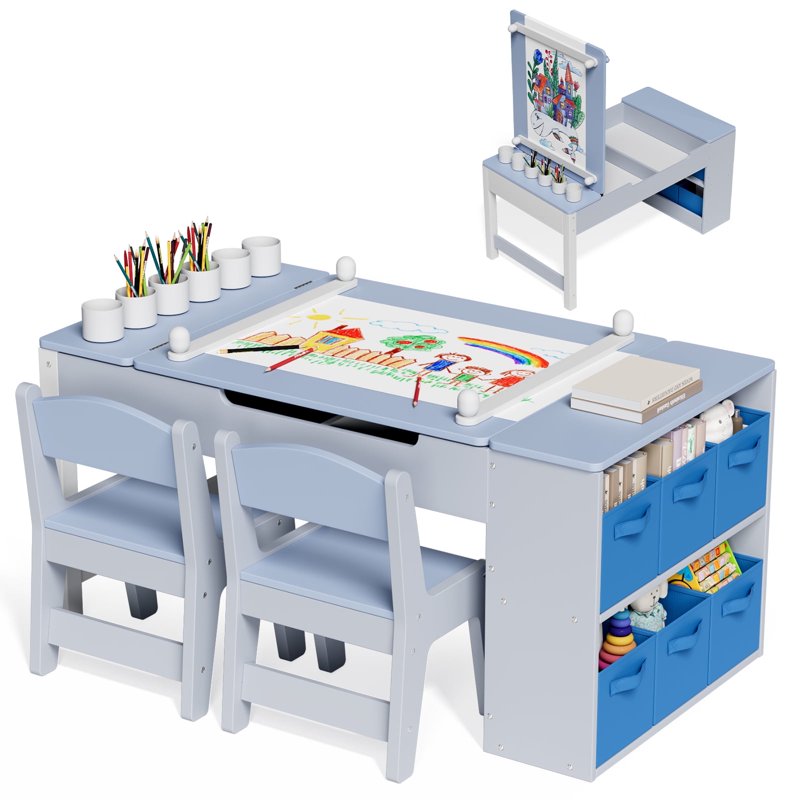 Kids Art Table and Chair Set with Storage & Easel, Craft & Activity Desk