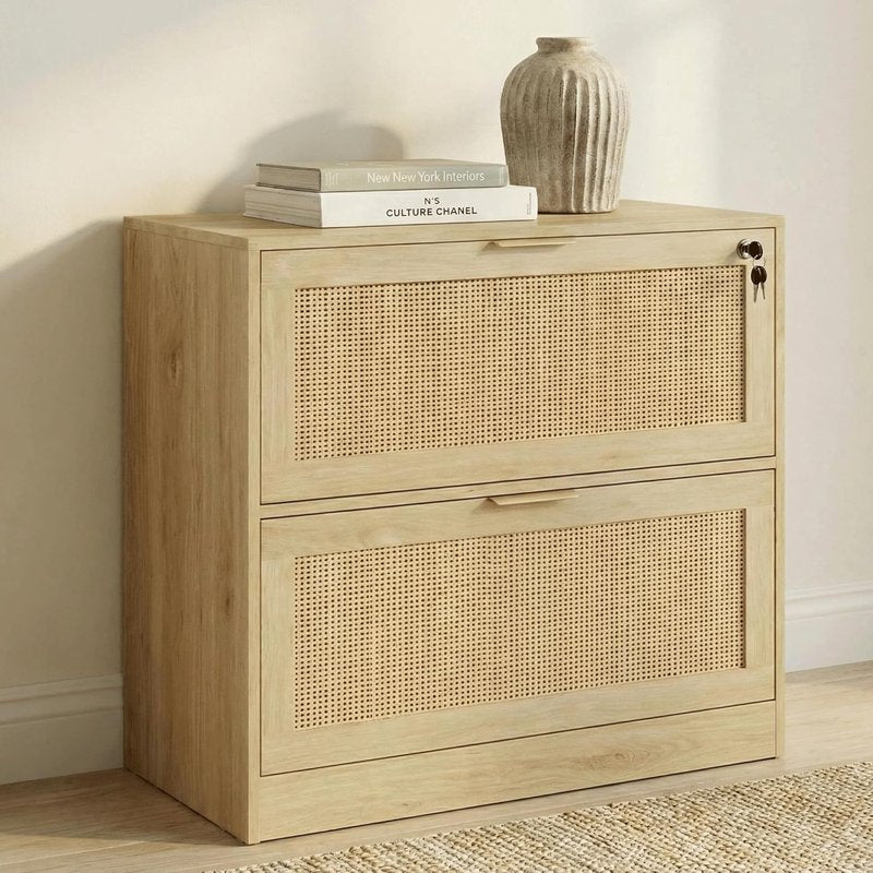 2-Drawer Locking File Cabinet with Rattan Front - Office Storage & Printer Stand