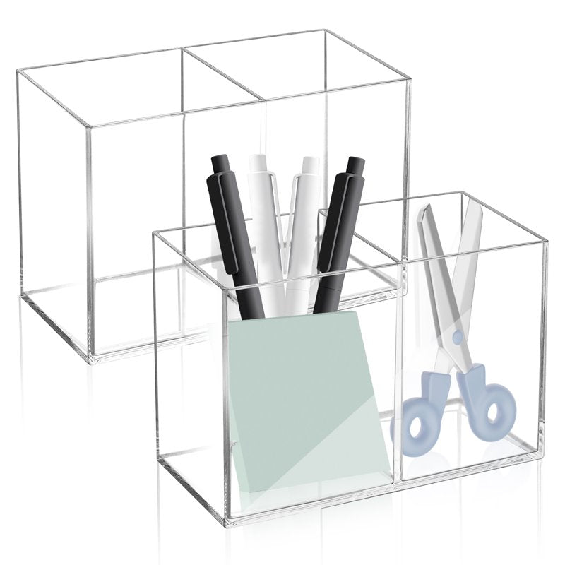 Clear Acrylic Pen & Makeup Brush Organizer with Multiple Compartments for Desk and Home