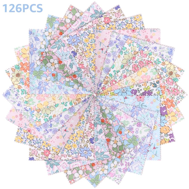Colorful Fabric Squares Quilt Patchwork Set 126 pcs 5x5 inch Cotton for Sewing Craft