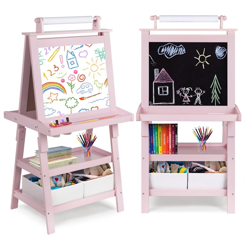 3-in-1 Kids Art Easel with Whiteboard Chalkboard and Paper Roll - Pink, Grey, White, Coffee