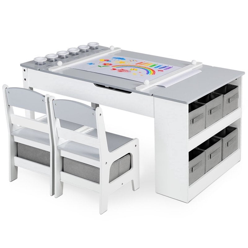 Kids Activity Table and Chair Set with Paper Roll & Storage - Toddler Art & Study Desk