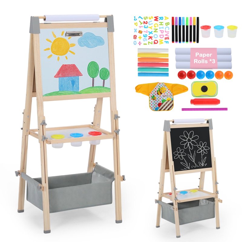 Double-Sided Kids Art Easel with Adjustable Height & Art Supplies - 3-in-1 Wooden Play Station