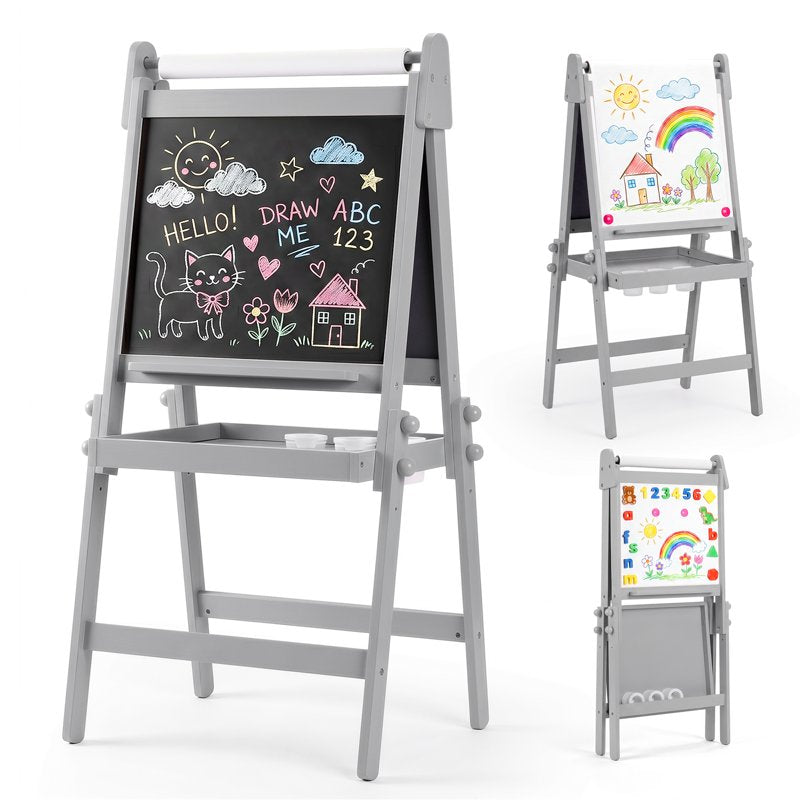 Kids Art Easel with Double-Sided Blackboard & Whiteboard, Adjustable & Foldable