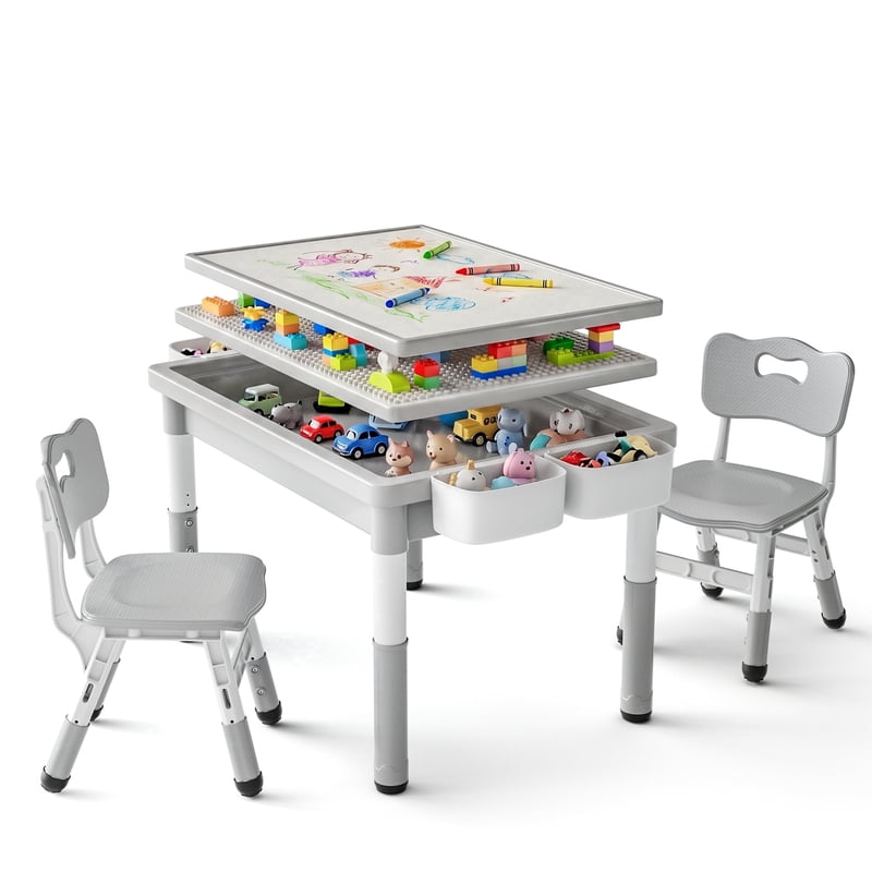 Kids Activity Table and Chair Set with Storage and Adjustable Height - Gray