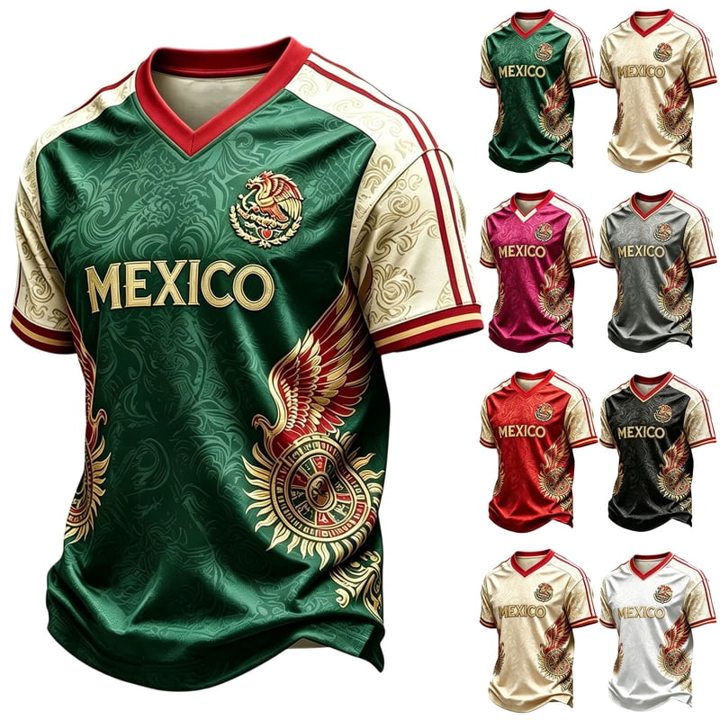 LNZGNM 2026 Mexico Soccer Jersey - Men’s Gray M V-Neck Fan Shirt for Game Day