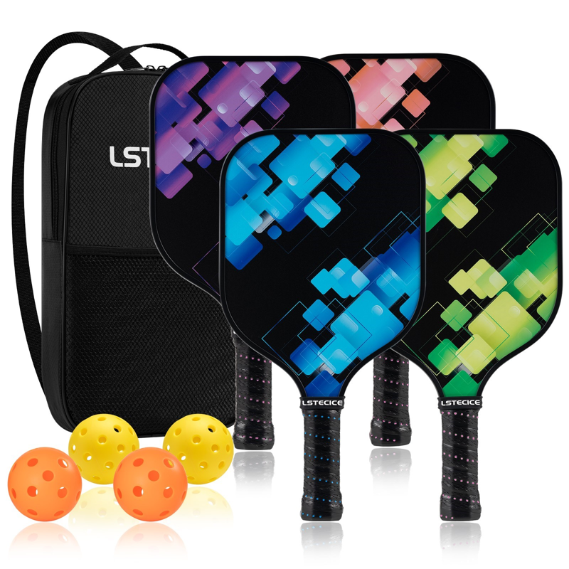 Multicolor LSTECICE Pickleball Paddles Set of 4 - Lightweight Fiberglass with Balls & Bag