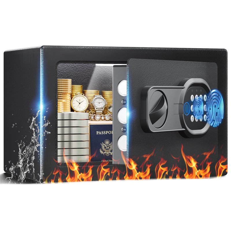 Biometric Security Safe Box 0.44 Cu Ft with Electronic Keypad Wall Mount & LED Light