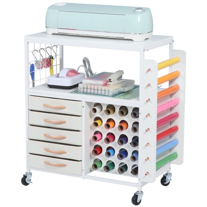 Craft Storage Cart with 28 Vinyl Roll Holders and 5 Drawers - Rolling Organizer for Cricut Machines