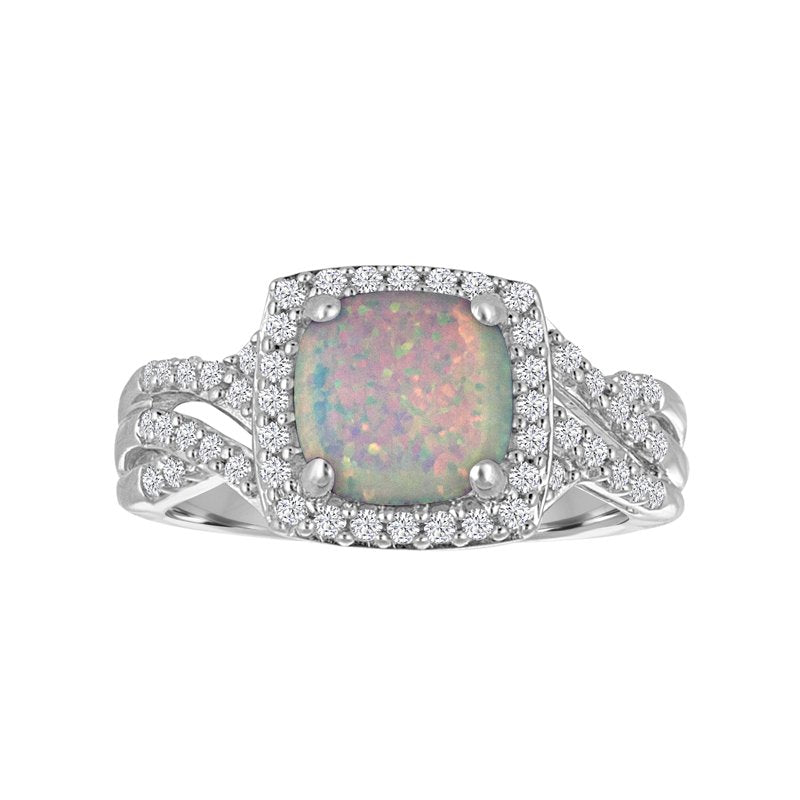Ladies Sterling Silver Lab-Created Opal & CZ Ring – Cushion Style, Size 7