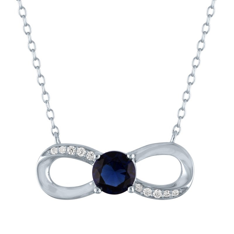 Sterling Silver Infinity Necklace with Blue Sapphire & CZ for Women - 18 Inch