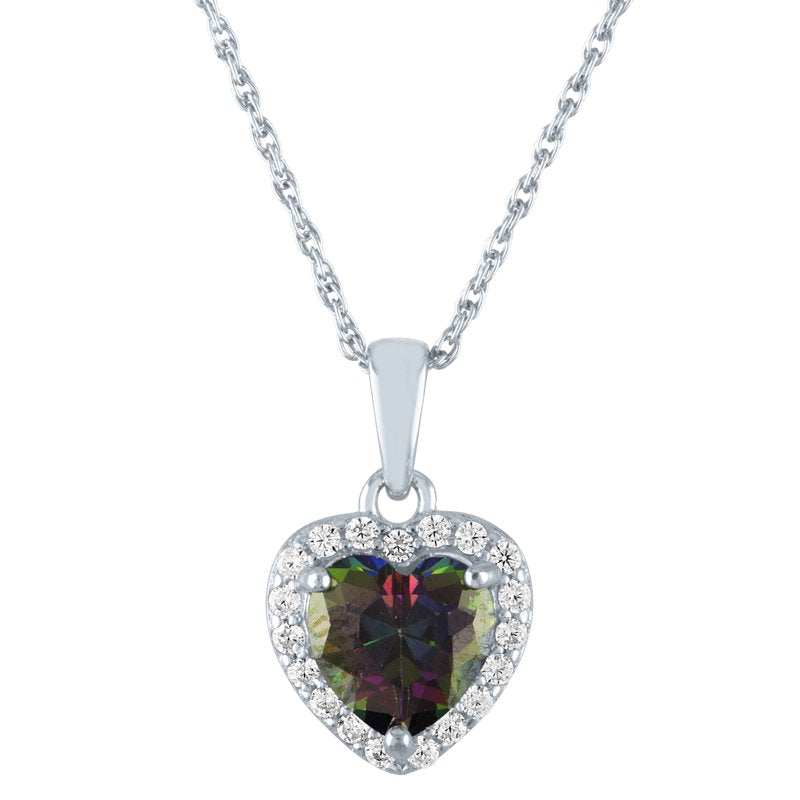 Sterling Silver Ladies Heart Pendant with Mystic Topaz & CZ Necklace 18"