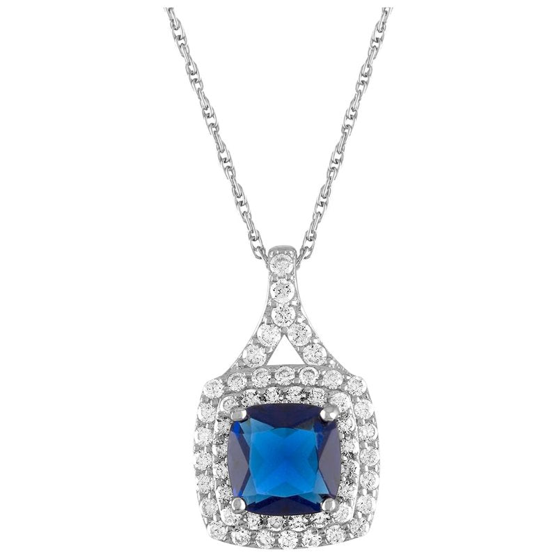 Sterling Silver Lab Created Sapphire & CZ Pendant for Ladies - 18 Inch