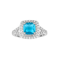 Sterling Silver Blue Topaz & CZ Ladies Ring - Double-Halo Cushion Design