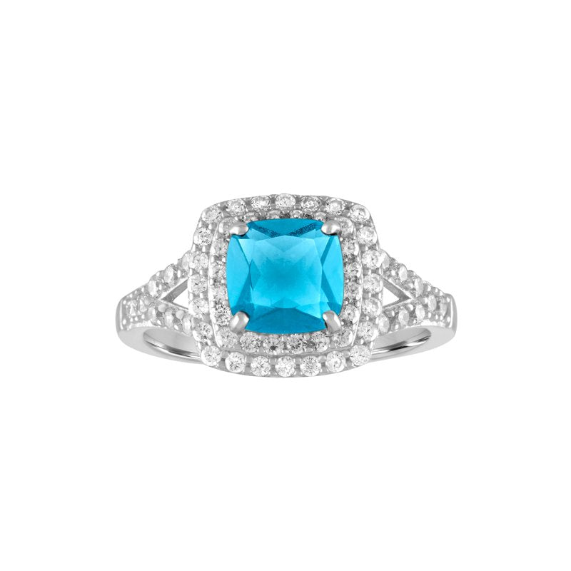Sterling Silver Blue Topaz & CZ Ladies Ring - Double-Halo Cushion Design