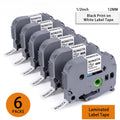 Laminated Label Maker Tape 12mm Black on White Refill 6-Pack for Office & Home