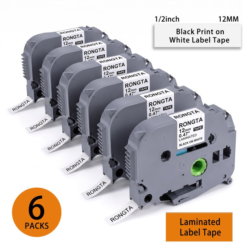 Laminated Label Maker Tape 12mm Black on White Refill 6-Pack for Office & Home