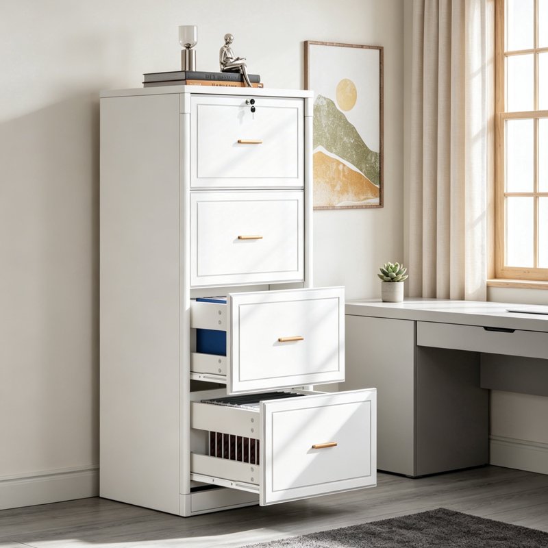 Four-Drawer Vertical File Cabinet with Lock - Office Document Organizer, Heavy Duty, White