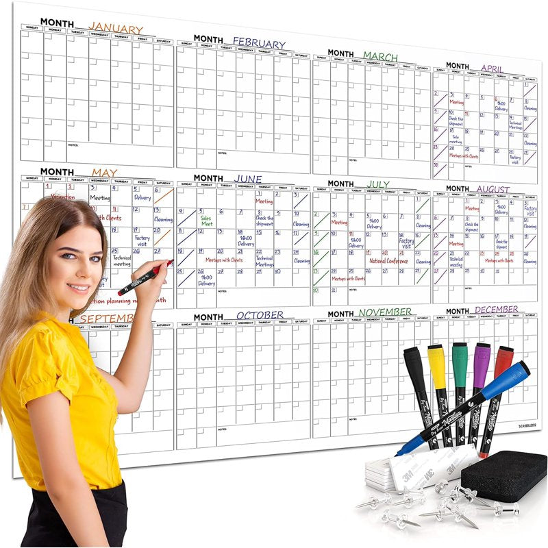 Large 36x48 Inch Dry Erase Wall Calendar - 12 Month Planner with Markers & Mounting Kit