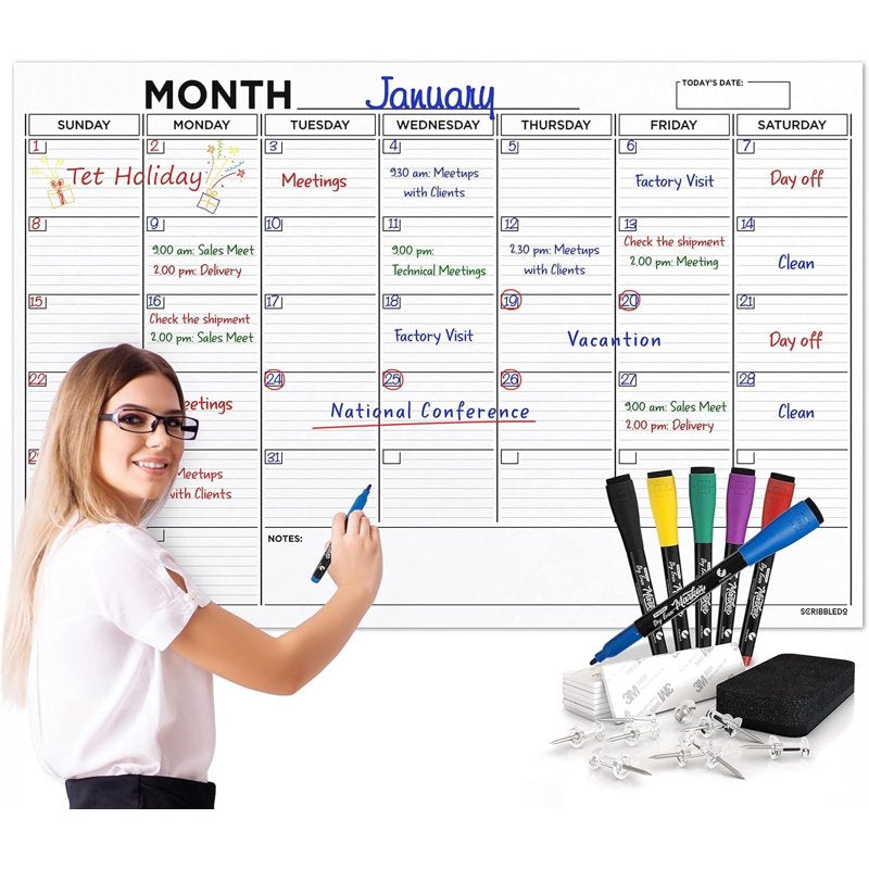Large 36x48 Inch Whiteboard Calendar Wall Planner with Markers & Accessories