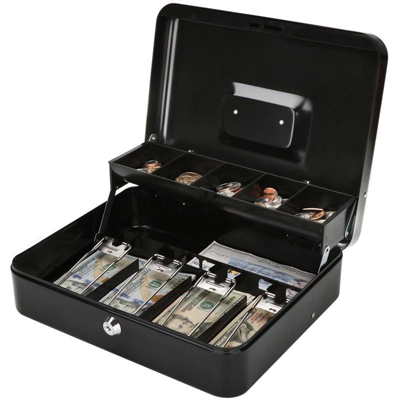 Large Cash Box with Lock and Money Tray - Secure Money Organizer 11.8L x 9.5W x 3.5H Inches, Black