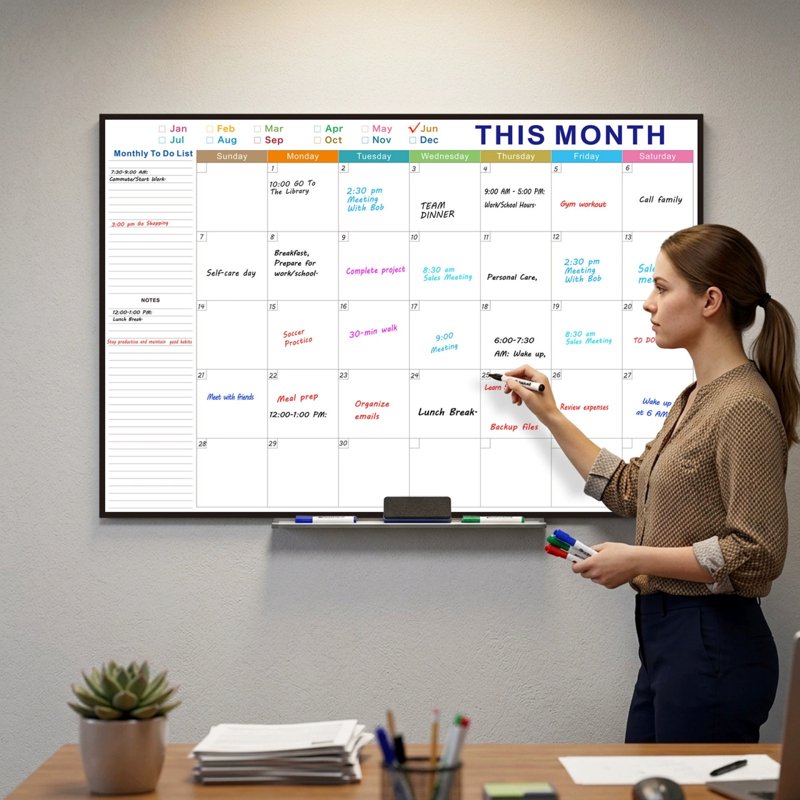 Large Wall-Mount Dry Erase Calendar 48x32 Inch Whiteboard with Marker Tray