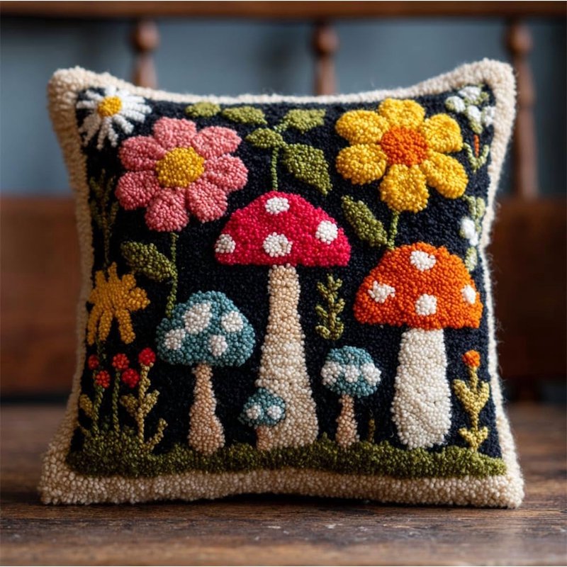 Latch Hook Cushion Kit for Adults and Beginners - Mushroom & Flower Designs, 17x17 Inch - DIY Home Decor