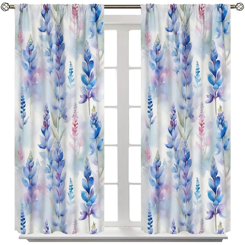Lavender Floral Curtains Set - Botanical Pattern Window Drapes for Bedroom & Kitchen