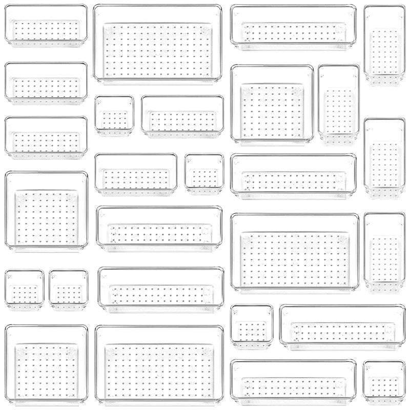 27-Piece Clear Drawer Organizer Set with 5 Sizes for Office, Makeup, Kitchen Storage