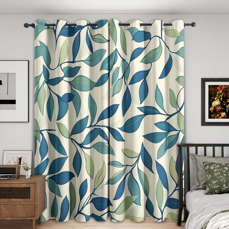 Green Leaf Curtains for Bedroom & Living Room, Blackout & Noise-Reducing Drapes, 2 Panel Sets