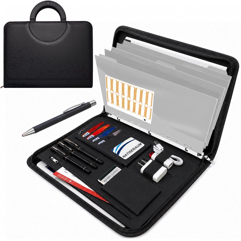 Professional Leather Portfolio Organizer with Notepad Pen 3-Ring Zipper Document Binder