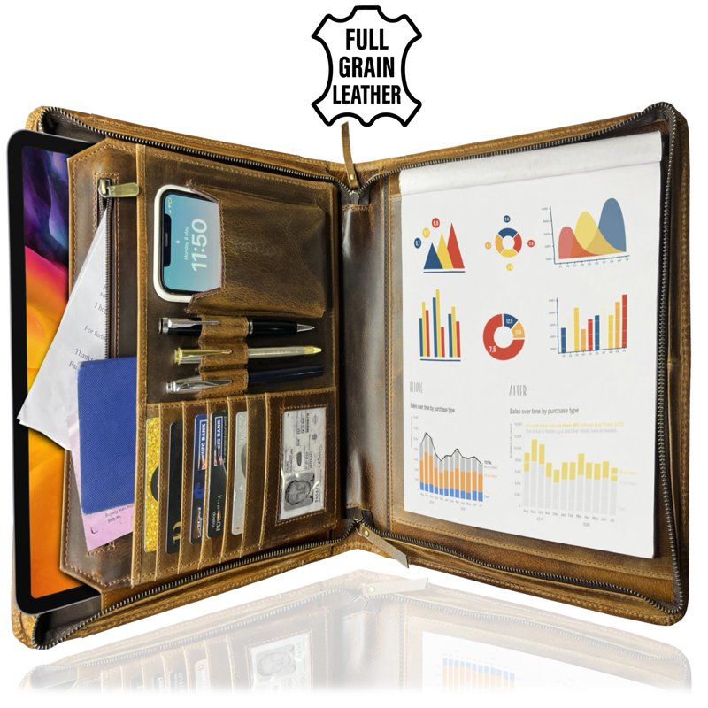 Leather Portfolio for Men and Women - Full Grain Zippered Document Organizer