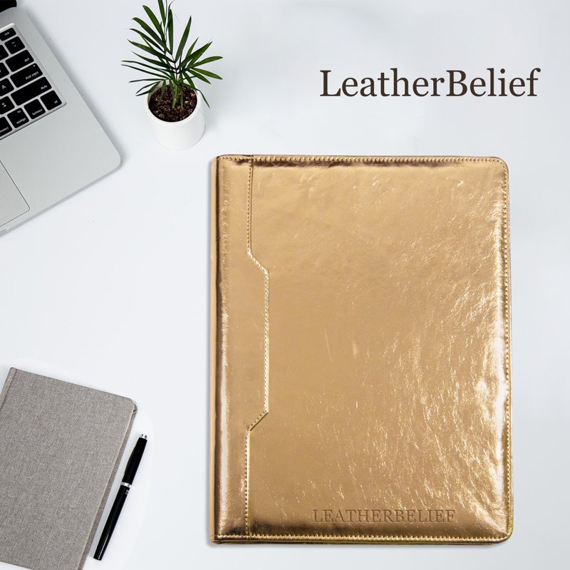 Vegan Leather Portfolio Binder with Zipper & Tablet Sleeve - Gold