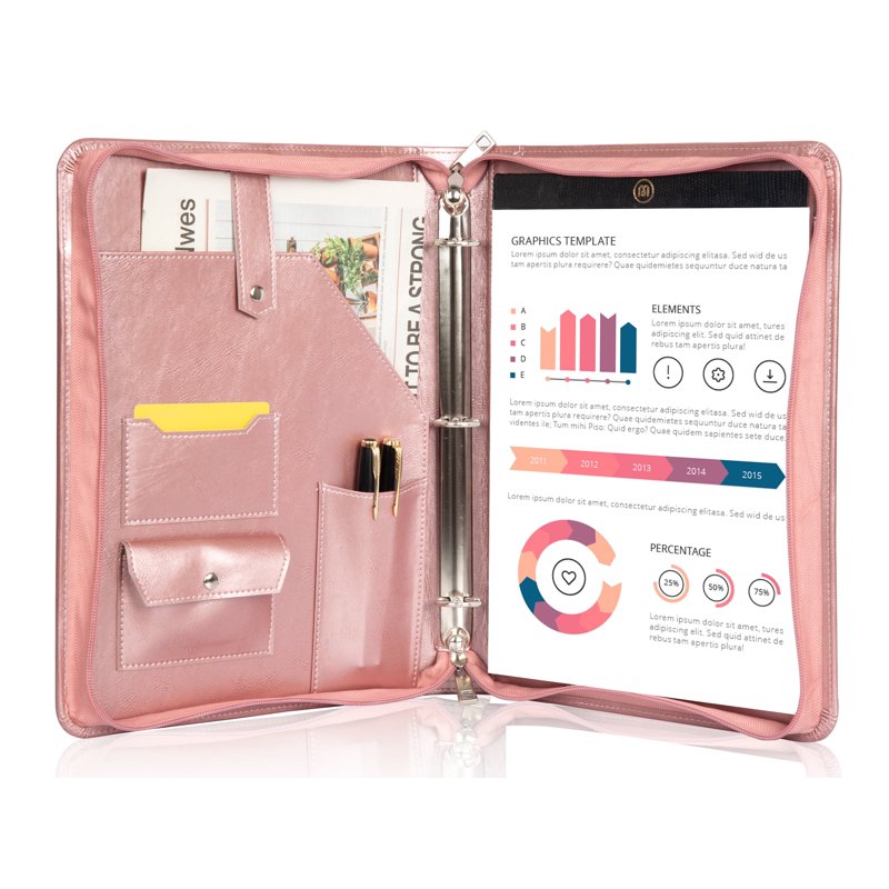 Vegan Leather Portfolio with Zippered Binder, 3-Ring, Business Organizer, Rose