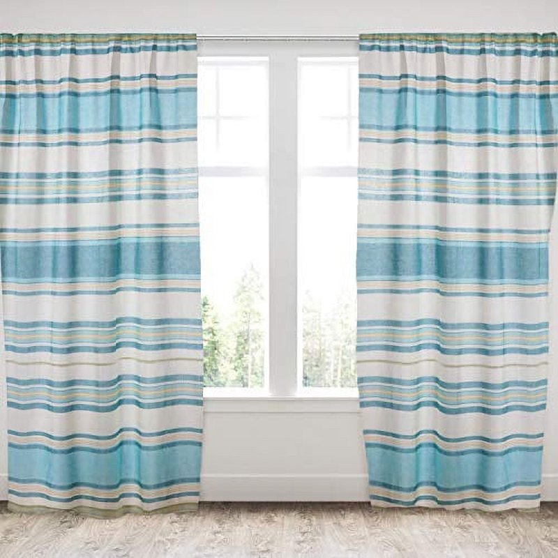Coastal Style Blue Maui Curtain Panel - 55x84in. Cotton Striped Drapes