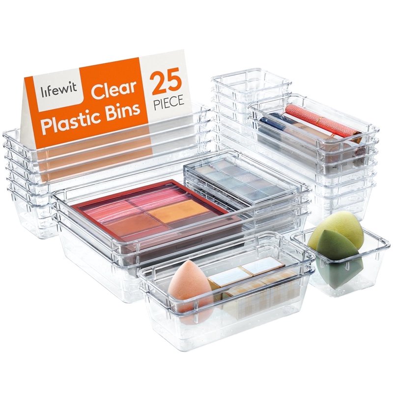 Clear Plastic Drawer Organizer Set - Multiple Sizes for Office, Makeup, Jewelry Storage