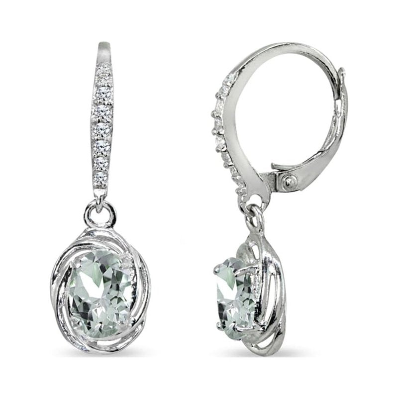 Sterling Silver Dangle Earrings with Light Aquamarine & CZ Oval Love Knot Jewelry