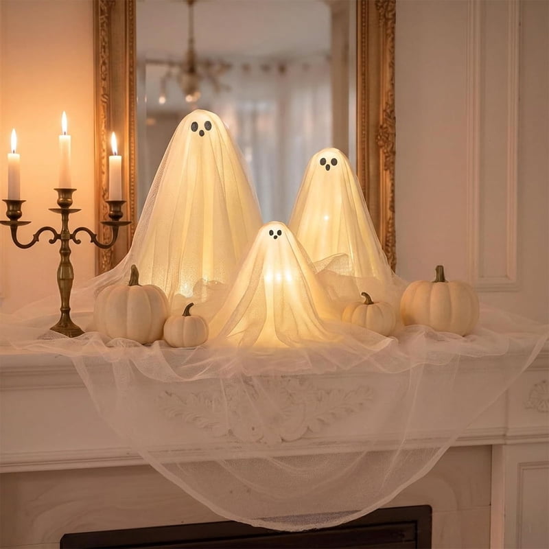 Light Up Halloween Ghost Figurines Set - LED Glowing Spooky Decorations for Indoor Tables and Mantels