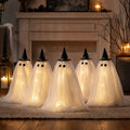 Lighted Ghost Halloween Decorations Set of 5 Gauze Figurines with Witch Hats